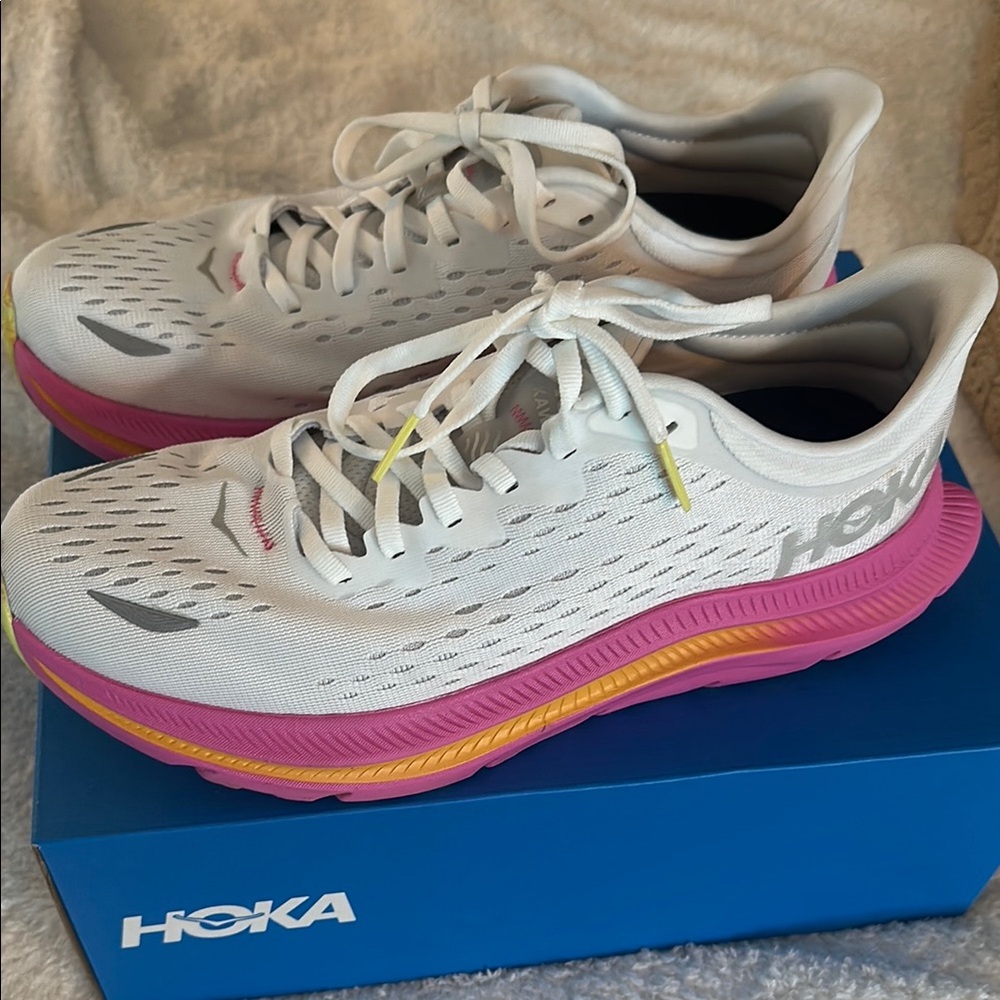 Hoka White and Pink Athletic Shoes with Signature Cushioning